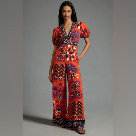 Anthropologie Farm Rio Printed Deep-V Puff-Sleeve Jumpsuit – Size L - Picture 1 of 8